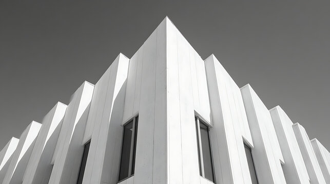Sharp angular white building facade with geometric patterns and dark windows modern architecture white facade