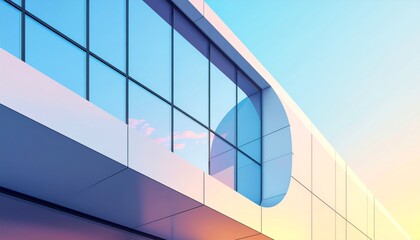 Modern architecture with glass windows reflecting the sky and sunlight.