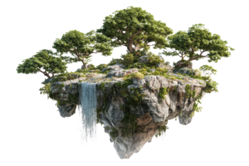 Floating island with trees and waterfall on black background rock stone, Isolated On Transparent Background, Png Cut Out