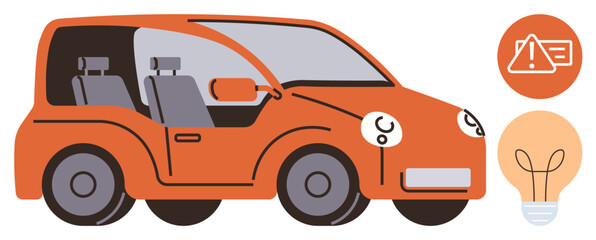 Naklejka premium Orange car facing left, safety alert sign, and light bulb graphic. Ideal for automotive design, technology, innovation, eco-friendly mobility, safety awareness, transportation systems and progress