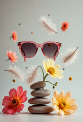 Spa Still Life Sunglasses Flowers Stones Illustration - Relaxation Wellness Art