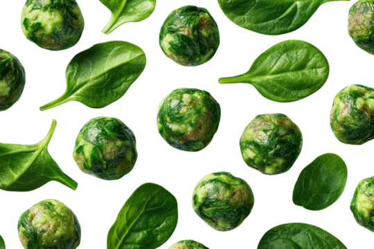 Green spinach leaves and round meatballs with spinach on black background leaf food, Isolated On Transparent Background, Png Cut Out
