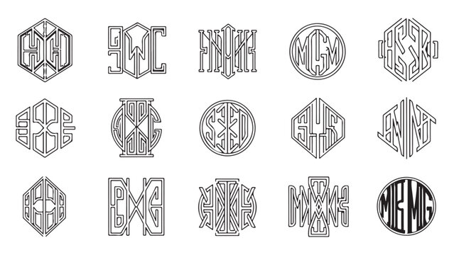 Collection of Ornate Interlocking Monogram Designs with Decorative Geometric Shapes