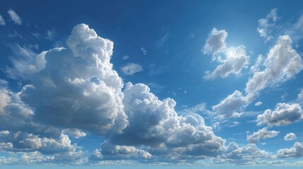 Bright sunlight casting light on fluffy cumulus clouds drifting across a beautiful blue sky on a clear day