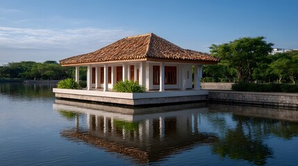 A serene floating pavilion with a tiled roof and white pillars stands on calm water reflecting the tranquil scene under a clear blue sky