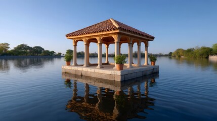 Elegant tiled pavilion on a stone platform in a serene lake with reflections under a clear blue sky
