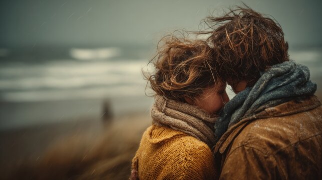 Couple embracing on a windy autumn day by the sea, enjoying nature and freedom together, a romantic and peaceful moment on the coast - Powered by Adobe