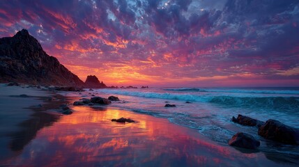 Vivid sunset casts beautiful light across the sky and the Pacific Ocean at a rocky California beach