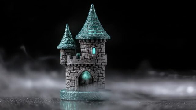 Miniature castle with teal spires and glowing windows, amidst fog, set against a dark background