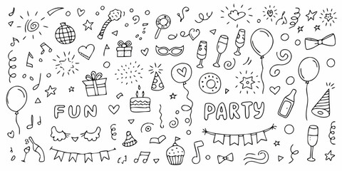 Hand drawn celebration and party elements doodle collection
