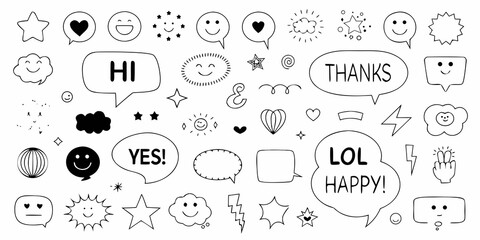 Collection of hand drawn doodle icons and speech bubbles