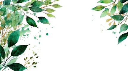 A vibrant watercolor illustration featuring lush green leaves and splashes, creating a refreshing botanical border against a blank white background.