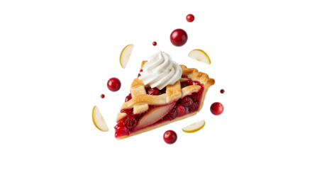 Elevated dessert delight: A visually striking slice of cherry pie with fruit and a cloud of whipped cream dances on a white canvas