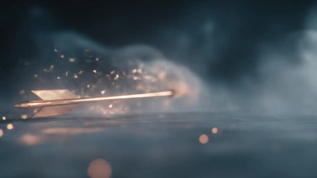 A golden arrow pierces through a misty scene, creating a sense of action and ethereal beauty