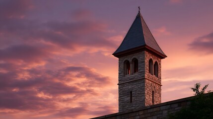 A stone tower with a steeple stands against a dramatic crimson sunset sky during golden hour