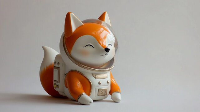 Adorable miniature fox figure in a white spacesuit and helmet, smiling happily, isolated on a clean white background.