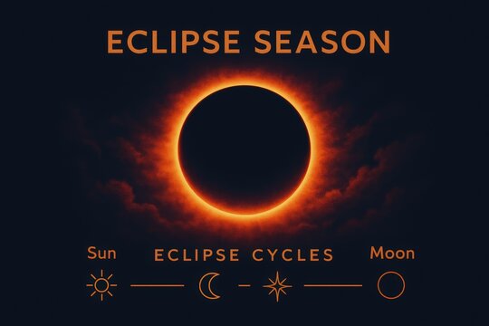 Captivating eclipse season illustration showcasing celestial alignment of sun and moon, spotlighting astronomical cycles with striking visual effects and cosmic wonder