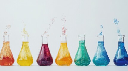 A series of laboratory flasks filled with colorful liquids, showcasing a spectrum of colors