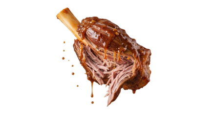 Succulent braised lamb shank drenched in a rich sauce against a pristine background, highlighting culinary artistry and appetizing appeal for