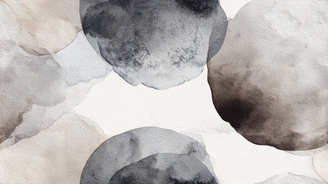 A soft, abstract watercolor design featuring circular shapes in muted tones of black, gray, and beige against a light background.