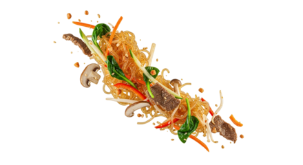 Delicious Japchae: A Stir-Fried Glass Noodle Delight with Vibrant Vegetables and Meat on White Backdrop