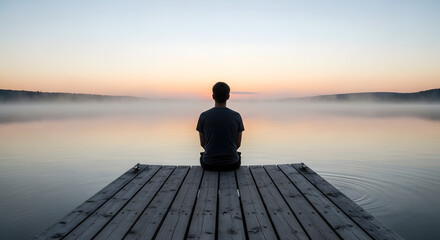 A person sits on a wooden dock facing a misty lake at sunrise with a calm and peaceful atmosphere