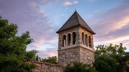 A picturesque stone bell tower stands against a vibrant twilight sky framed by trees and a stone wall