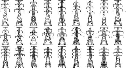 Fototapeta premium Transmission towers silhouette, electrical pylons grid, lattice steel structures, diverse tower designs, 