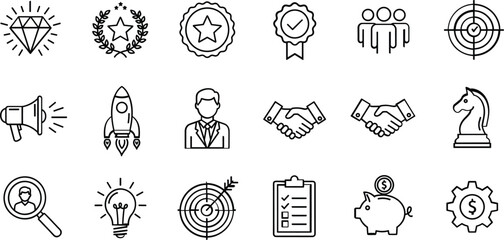 Minimalist Business Success and Achievement Line Icons Set Featuring Diamond, Rocket, Target, Handshake, and Corporate Strategy Symbols for Web and Mobile.