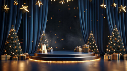 Cinematic 3D Christmas stage with dark blue curtains, lit podium, gold stars, twinkling trees, and gift boxes. Product mockup.