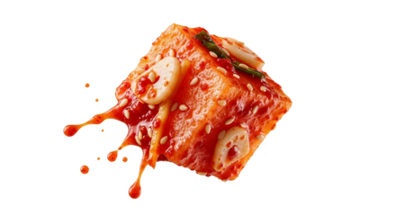 Delicious cube of kimchi with vibrant red sauce and sesame seeds on a clean white background isolated showcase highlighting a spicy Korean side dish