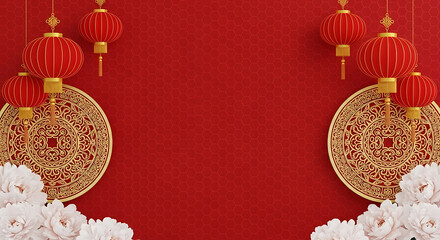 Chinese new year celebration background with red lanterns, gold coins, and white peony flowers on a red texture