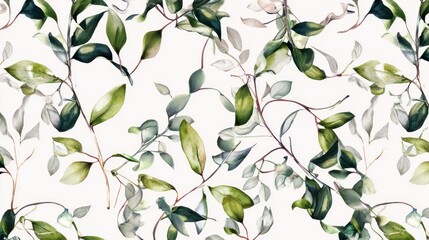 A vibrant pattern featuring various green leaves and branches on a light background, showcasing a natural and botanical theme.