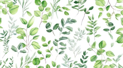Fototapeta premium A vibrant pattern of various green leaves arranged beautifully on a white background, showcasing the diversity and beauty of plant life.