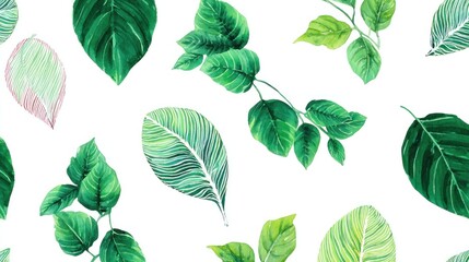 Fototapeta premium A vibrant arrangement of various green leaves, showcasing intricate patterns and diverse shapes on a clean white background.