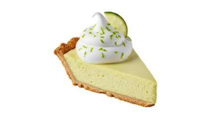 A tantalizing slice of key lime pie with delicate whipped topping and zesty citrus zest  isolated on a pure white canvas offering a refreshing