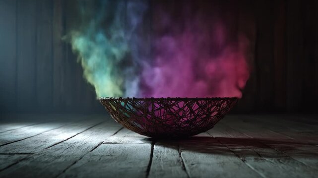 A wicker bowl on wooden boards emits colorful smoke in a moody, dark setting