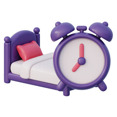 Bed and retro alarm clock for relaxed lifestyle time to morning wake up 3d icon