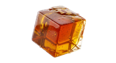Translucent Amber Cube with Irregular Formations, Captured in Sharp Focus on a Deep Black Backdrop
