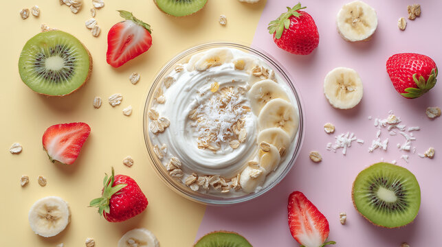 Yogur natural con rodajas de pl&aacute;tano, coco rallado y avena, acompa&ntilde;ado de kiwis y fresas frescas. Opci&oacute;n equilibrada, deliciosa y visualmente atractiva para desayunos saludables. Desayuno energ&eacute;tico