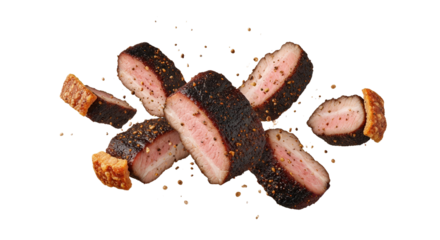 Exquisite display of peppery pork belly slices dancing against a crisp white backdrop showcasing culinary artistry and flavor