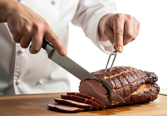A professional chef's hands expertly slicing a succulent roasted ham on a wooden cutting board, preparing a delicious meal.