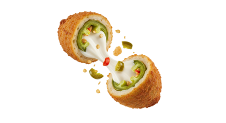 Exploding savory snack: Crispy fried jalapeno popper burst, cheese pulling, tantalizing texture, food presentation isolated on white background