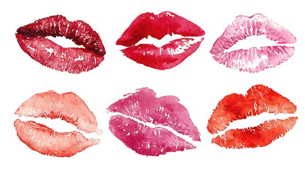 A collection of six vibrant lip prints in various shades, showcasing different styles and textures.