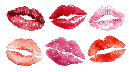 A collection of six vibrant lip prints in various shades, showcasing different styles and textures.