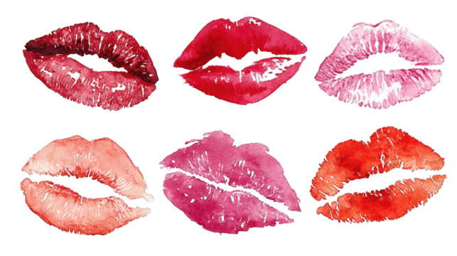 A collection of six vibrant lip prints in various shades, showcasing different styles and textures.