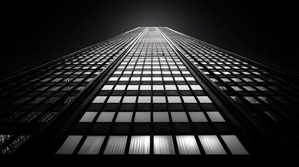 Towering skyscraper facade with geometric window patterns architecture black and white