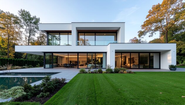 Modern Luxury Home with Pool and Lush Green Lawn.