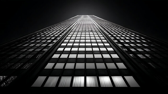 Towering skyscraper facade with geometric window patterns architecture black and white