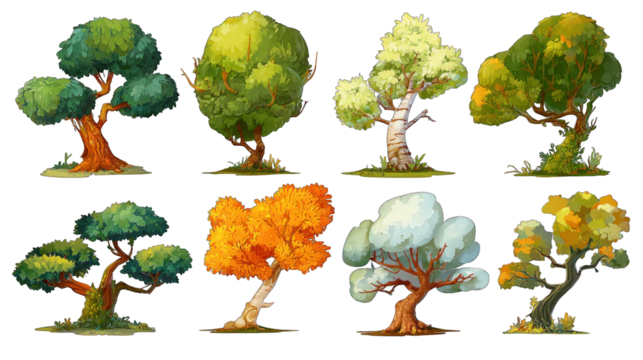 A collection of stylized trees showcasing various shapes and colors, including green, yellow, and orange foliage.